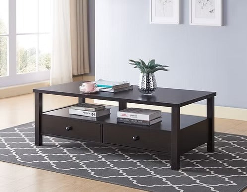 Virelix Coffee Table – Modern Espresso Finish Coffee Table with 2 Drawers and Open Storage Shelf