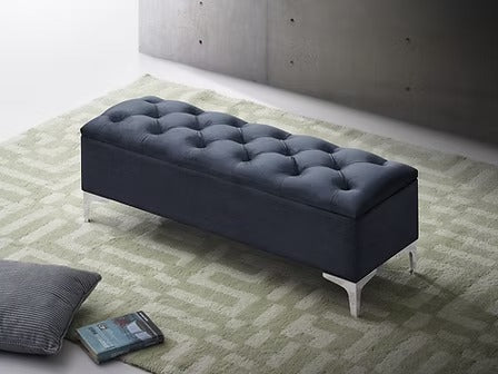 Korvexa Velvet Storage Bench – Black Button Tufted Bench with Chrome Legs and Lift Top Storage