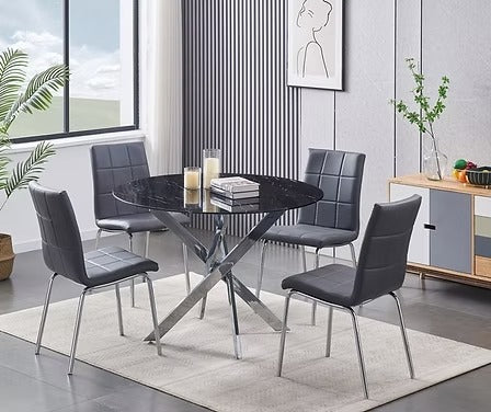 Almora 5-Piece Dinette Set – Black Marble Glass Table with Chrome Legs & Grey PU Chairs