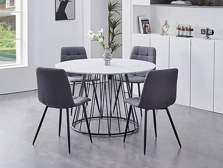 Marvesta 5-Piece Dinette Set – White Marble Veneer Round Table with Black Pedestal Steel Base & Grey Fabric Chairs