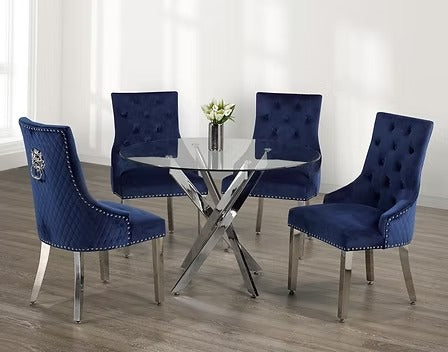 Rovenza 5-Piece Dinette Set – Tempered Clear Glass Table with Chrome Legs & Blue Velvet Lion Knocker Chairs