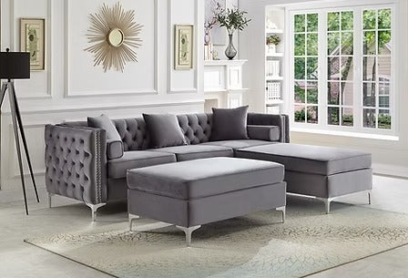 Zenviora Sofa Sectional – Grey Velvet Reversible Sofa with Deep Tufting, Nailhead Details, Chrome Legs &amp; Accent Pillows (With Ottoman)