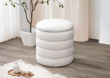 Naviero Round Storage Ottoman – Modern Lift Top Ottoman with Channel Tufting in Soft Ivory Teddy Bear Fabric