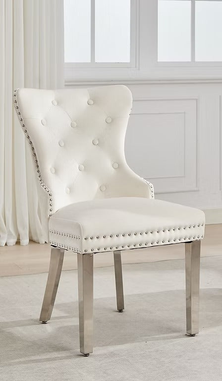 Sylvano 2-Piece Dining Chairs – Soft-Touch Cream Velvet Button Tufted Design with Nailhead Details & Polished Chrome Legs for Modern Luxury Dining Spaces