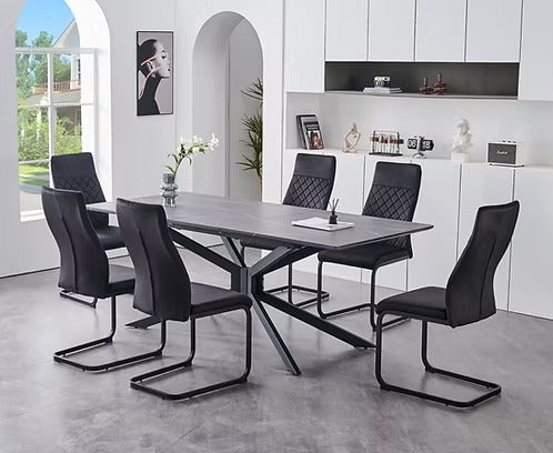 Elviora 7-Piece Dinette Set – Grey Marble Veneer Extension Table with X-Shape Black Steel Base & Black Velvet Chairs