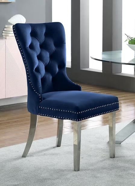Liorvo 2-Piece Luxury Blue Velvet Dining Chair Set with Chrome Knocker Accent, Button Tufted Front, Decorative Nailhead Trim, Polished Chrome Finish, Modern Glam Dining Room Accent Chairs