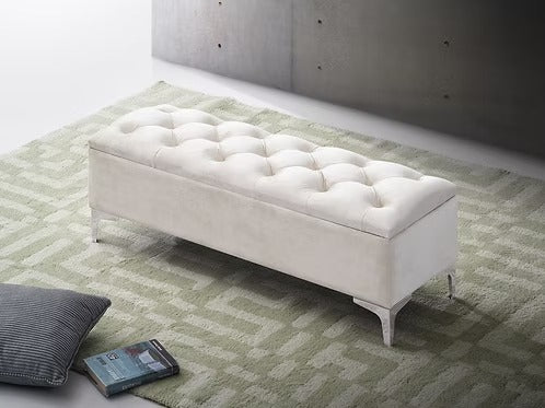 Korvexa Velvet Storage Bench – Cream Button Tufted Bench with Chrome Legs and Lift Top Storage