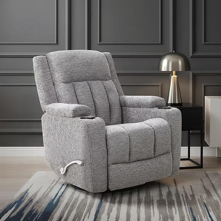 Rivento Recliner Chair with Side-Mounted Steel Pull Handle, Glider Rocking Mechanism & Soft Grey Fabric