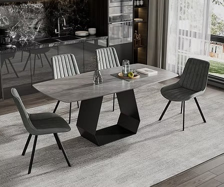 Norvian 7-Piece Dinette Set – Sintered Stone Armani Grey Marble Table with Carbon Black Steel Base & Soft Grey PU Chairs