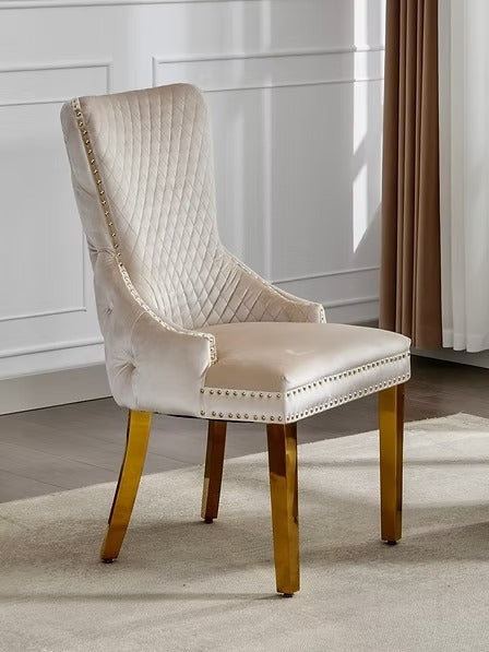 Dolvira Luxury Cream Velvet Dining Chair with Large Gold Knocker, Deep Tufted Back, Nailhead Details and Polished Gold Frame, Modern Glam Accent Chair