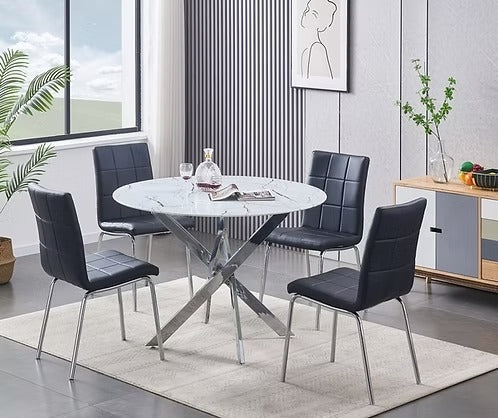 Almora 5-Piece Dinette Set – White Marble Glass Table with Chrome Legs & Black PU Chairs