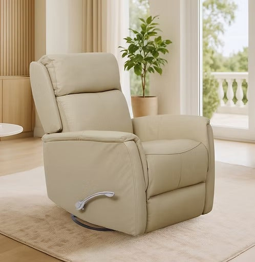 Zyrello Recliner Chair in Soft Ivory Beige Leather Matches with Side-Mounted Steel Pull Handle &amp; Glider Rocking Mechanism