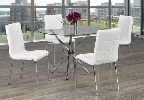 Vantira 5-Piece Dinette Set – Tempered Glass Table with Chrome Legs & White Cushion Chairs
