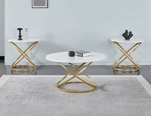 Movira 3 Piece Coffee Table Set – Modern Luxury White Finish Coffee Table with Elegant Gold Base, Contemporary Living Room Center Table with Matching Round End Table Set