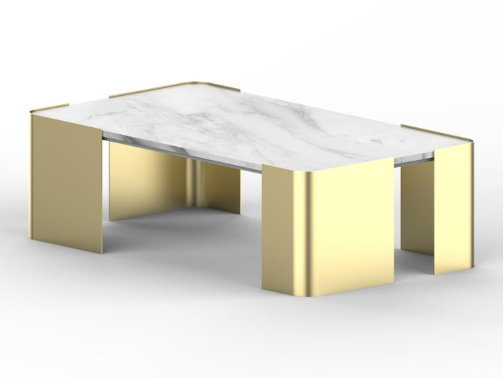 Regalia Luxury Marble Coffee Table with Tapered Stone Top & Gold Finished Metal Legs for Modern Elegant Living Rooms