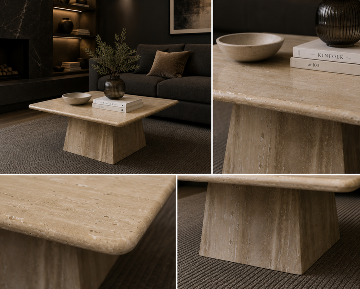 Obsidian Table Luxury Marble Coffee Table with Sculptural Pedestal Base, Cream Natural Stone Top for Modern Elegant Interiors
