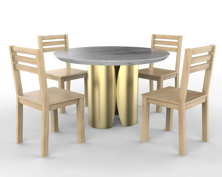 Alvona Luxury Round Marble Dining Table with Gold Metal Sculptural Base | Modern Elegant Design