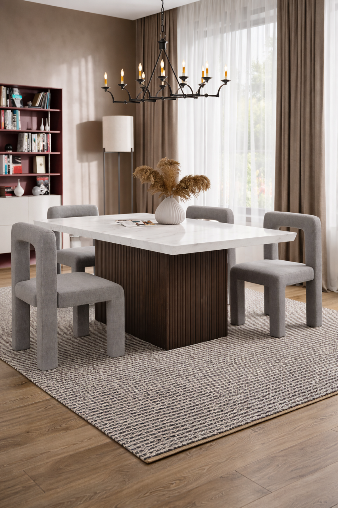 Cedarwood Modern Dining Table – Fluted Mango Wood Base & Marble Top Luxury Style