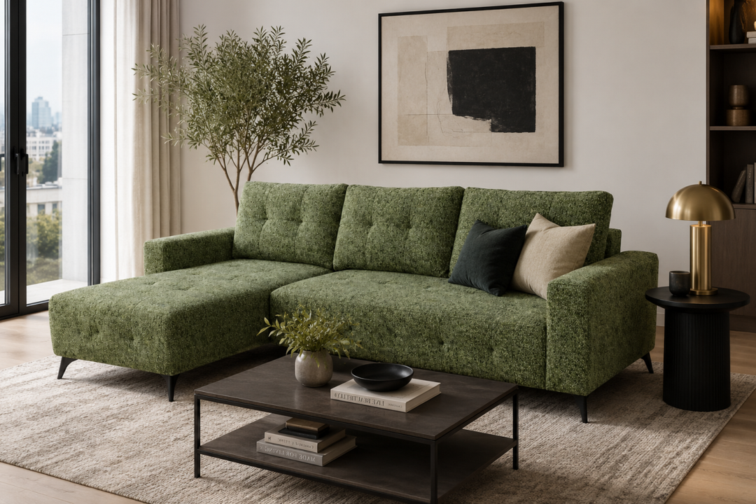 Foxridge Olive Green Sectional Sleeper Sofa Bed with Pull-Out Bed, Chaise Lounge and Tufted Fabric Upholstery