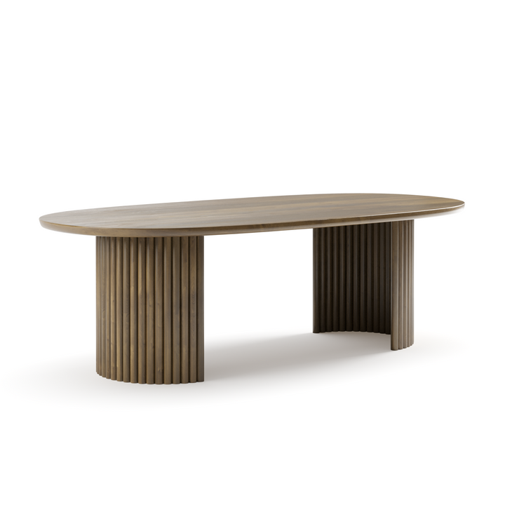 Brevona Oval Dining Table – Solid Mango Wood with Double Fluted Pedestal Base