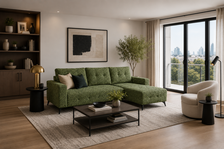 Foxridge Olive Green Sectional Sleeper Sofa Bed with Pull-Out Bed, Chaise Lounge and Tufted Fabric Upholstery