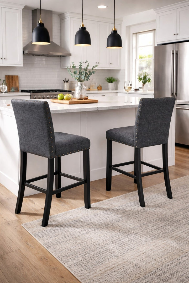 Taviano 2-Piece Upholstered Bar Stool Set – Solid Rubberwood with Nailhead Trim