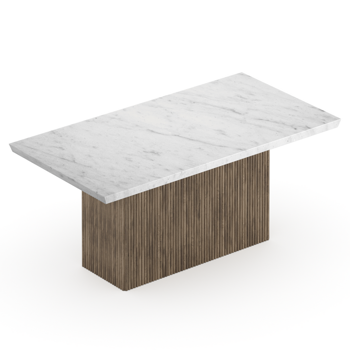Timberly Contemporary Marble Dining Table with Solid Mango Wood Fluted Base and Premium Crafted Design