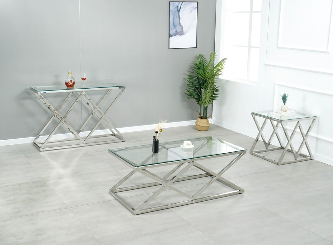 Valmont Modern Glass Coffee Table with 8mm Tempered Glass Top, Stainless Steel Legs & Open Cross Base Design for Contemporary Living Rooms