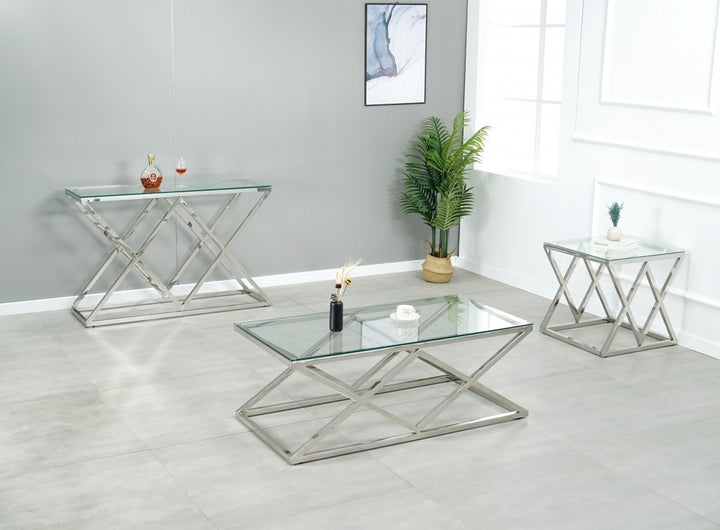 Valmont Modern Glass Coffee Table with 8mm Tempered Glass Top, Stainless Steel Legs & Open Cross Base Design for Contemporary Living Rooms