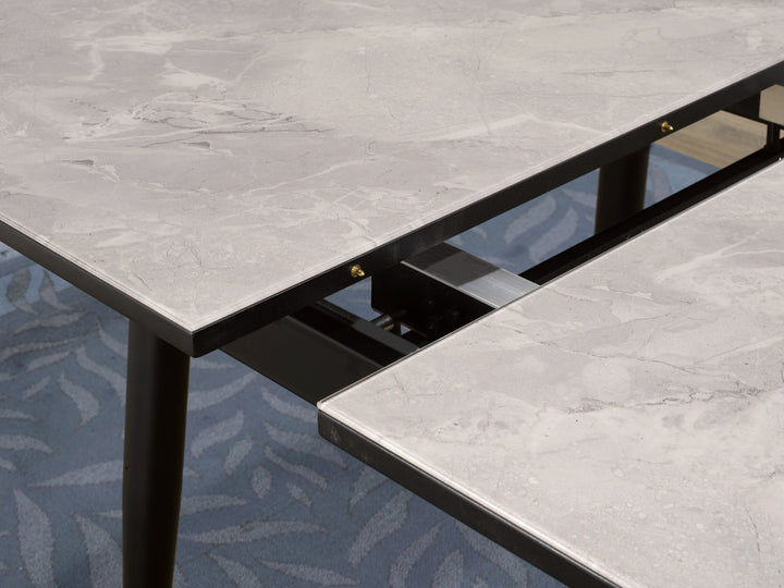 Elvora Dining Table – Modern Extendable Grey Top Dining Table with Black Metal Legs