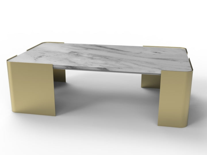 Regalia Luxury Marble Coffee Table with Tapered Stone Top & Gold Finished Metal Legs for Modern Elegant Living Rooms