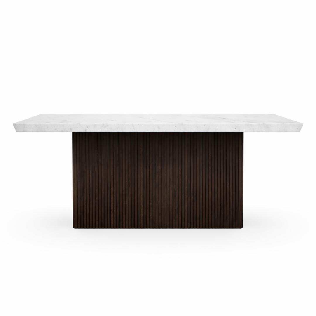 Cedarwood Modern Dining Table – Fluted Mango Wood Base & Marble Top Luxury Style