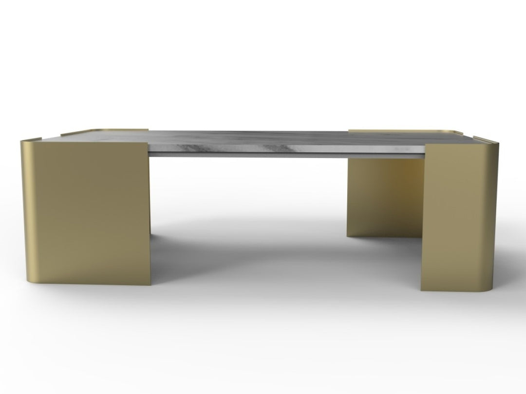 Regalia Luxury Marble Coffee Table with Tapered Stone Top & Gold Finished Metal Legs for Modern Elegant Living Rooms