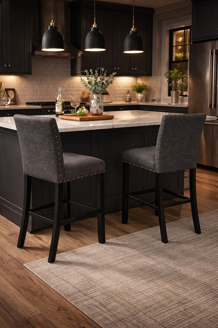 Taviano 2-Piece Upholstered Bar Stool Set – Solid Rubberwood with Nailhead Trim
