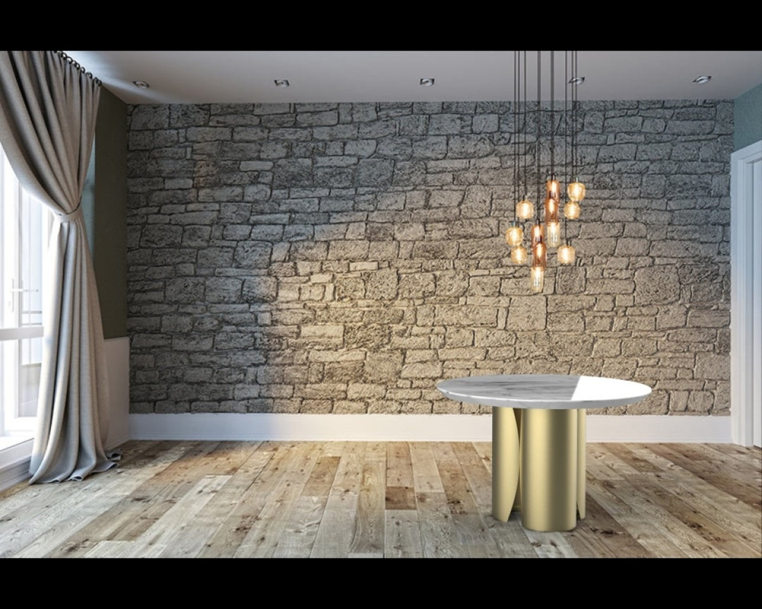 Alvona Luxury Round Marble Dining Table with Gold Metal Sculptural Base | Modern Elegant Design
