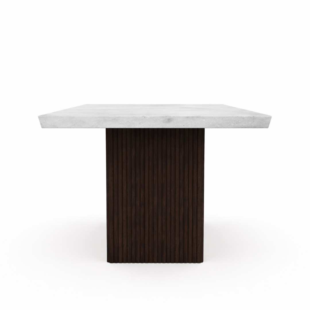Cedarwood Modern Dining Table – Fluted Mango Wood Base & Marble Top Luxury Style