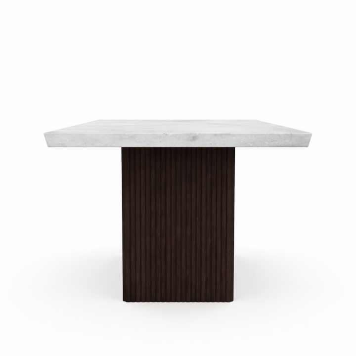 Cedarwood Modern Dining Table – Fluted Mango Wood Base & Marble Top Luxury Style