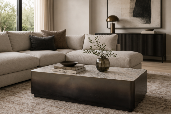 Verona Elite Luxury Marble Coffee Table with Gold Metal Frame & White Grey Veined Top for Modern Elegant Living Rooms