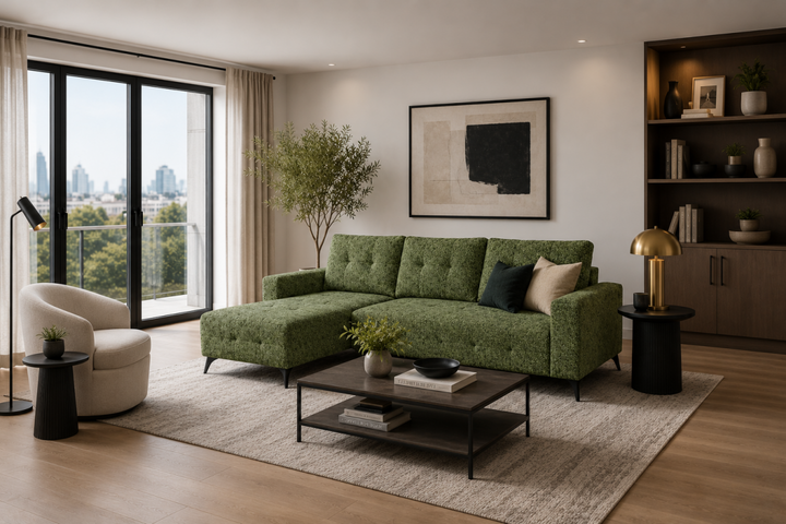 Foxridge Olive Green Sectional Sleeper Sofa Bed with Pull-Out Bed, Chaise Lounge and Tufted Fabric Upholstery