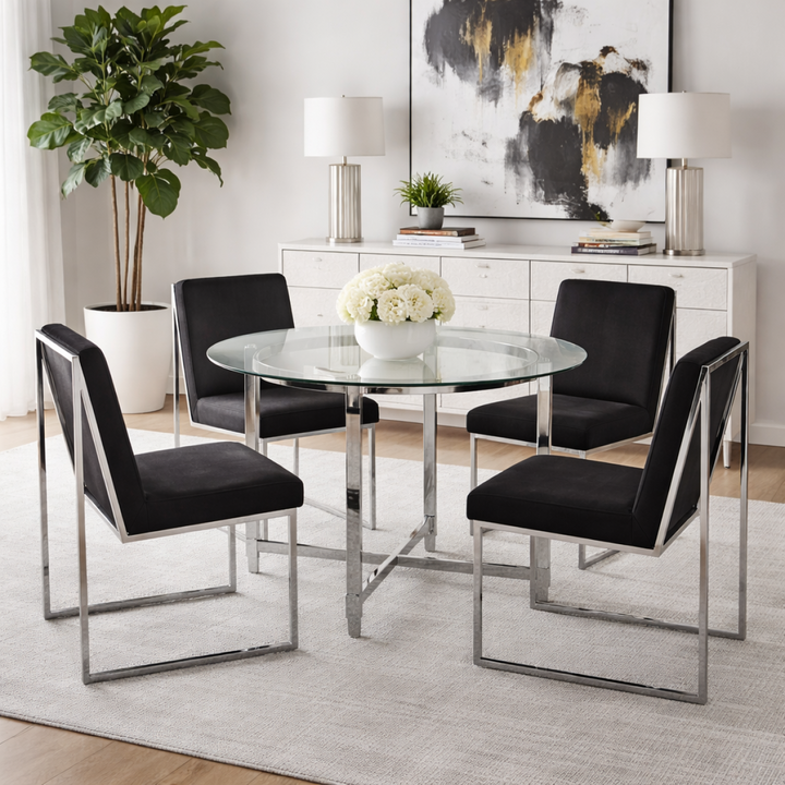 Cedarveil Dining Set – Modern 5-Piece Round Glass Table with Acrylic Legs & Chrome Chairs