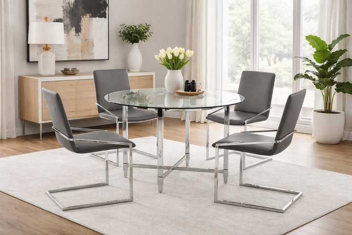 Cedarveil Dining Set – Modern 5-Piece Round Glass Table with Acrylic Base & Chrome Chairs