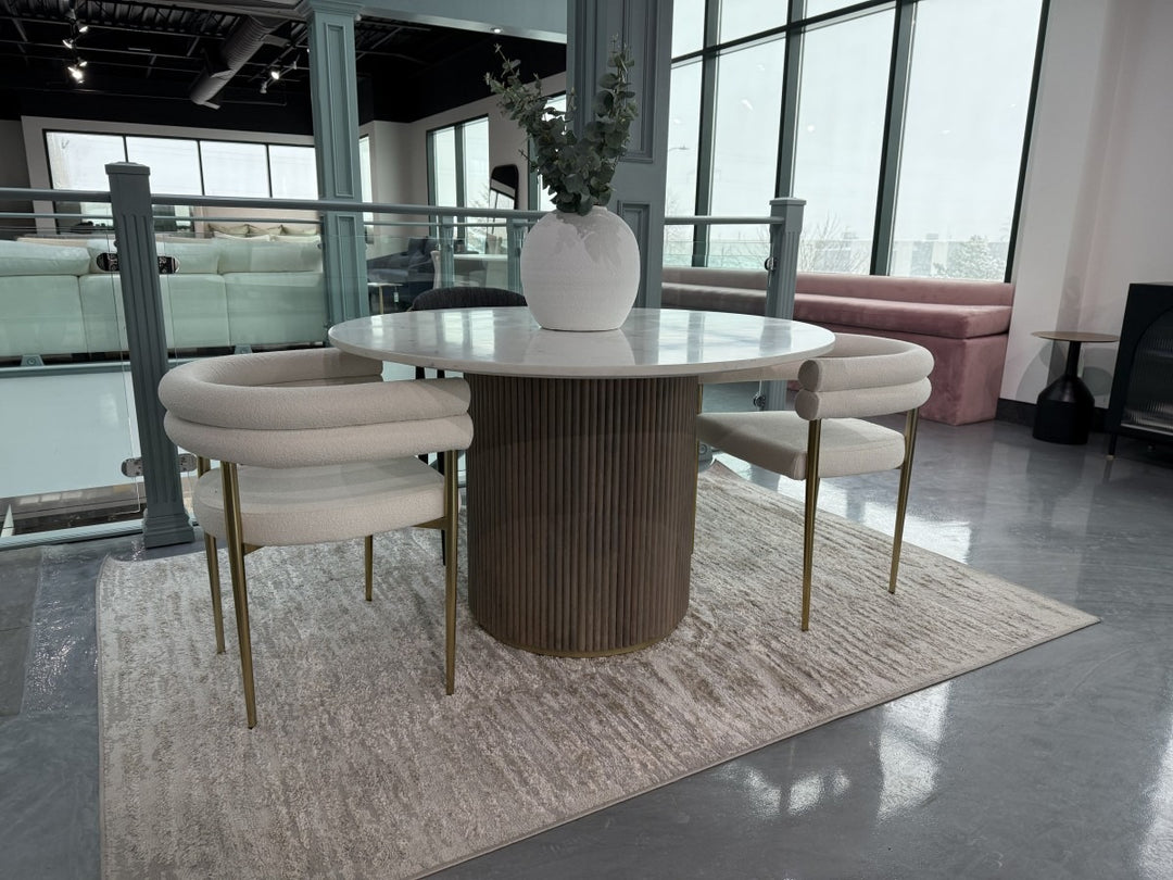 Avendor Round Dining Table – Marble Top with Fluted Solid Mango Wood Pedestal