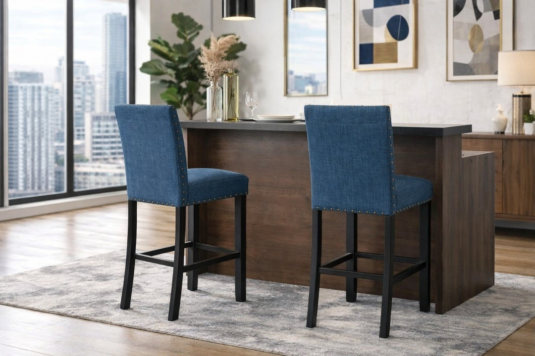 Taviano 2-Piece Upholstered Bar Stool Set – Solid Rubberwood with Nailhead Trim