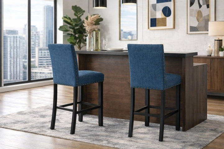 Taviano 2-Piece Upholstered Bar Stool Set – Solid Rubberwood with Nailhead Trim