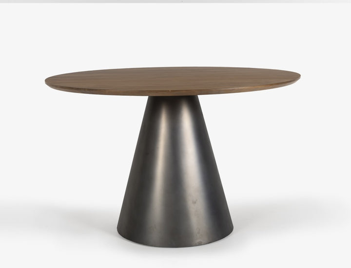 Zarelli Luxury Solid Mango Wood Round Dining Table with Black Sculptural Metal Pedestal Base | Contemporary Elegance