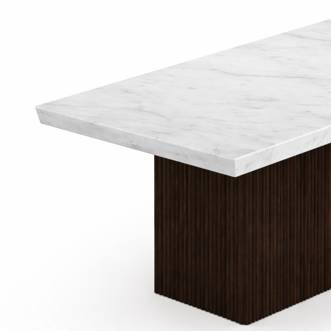 Cedarwood Modern Dining Table – Fluted Mango Wood Base & Marble Top Luxury Style
