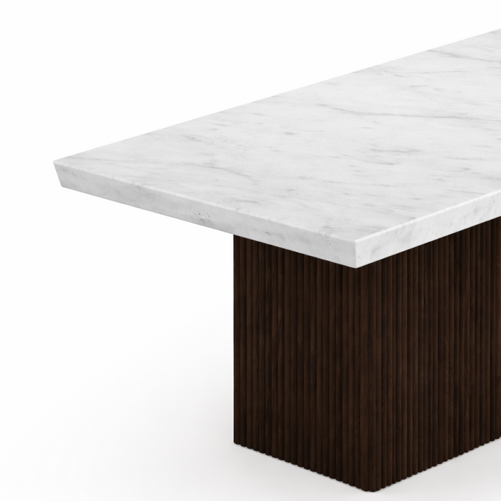 Cedarwood Modern Dining Table – Fluted Mango Wood Base & Marble Top Luxury Style