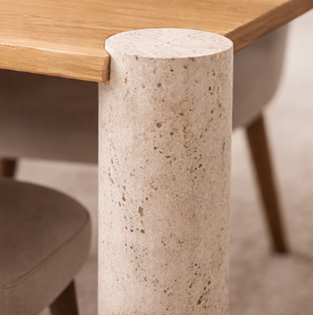 Arvelle Solid Mango Wood Dining Table with Travertine Stone Legs | Luxury Modern Organic Design