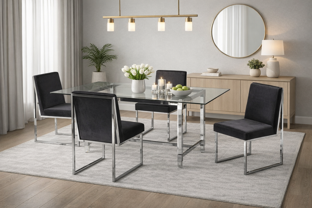 Marevian 5-Piece Dining Set – Contemporary Glass Table with Chrome Frame Modern Chairs