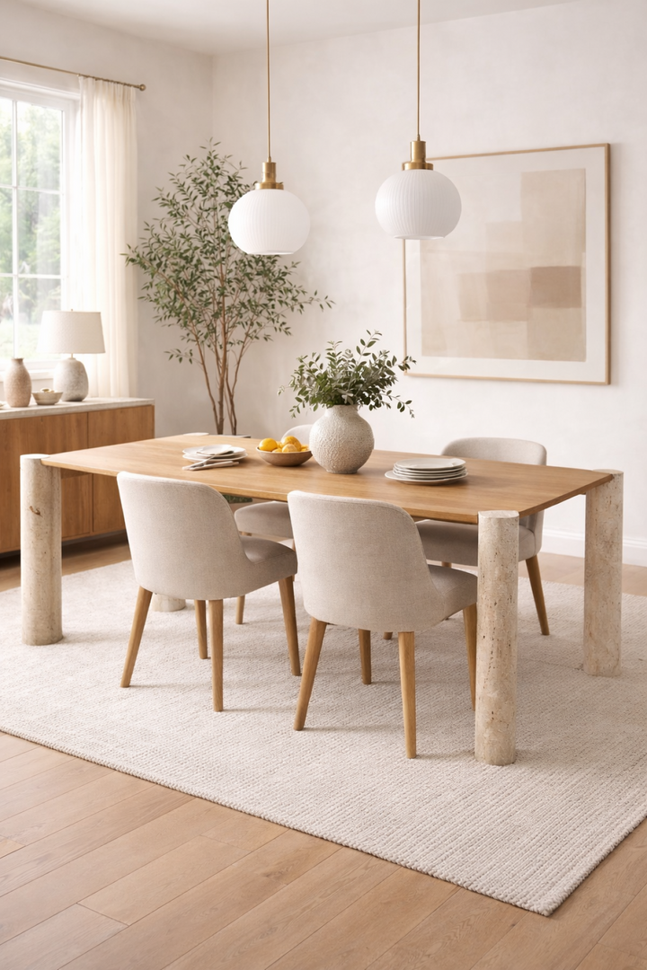Arvelle Solid Mango Wood Dining Table with Travertine Stone Legs | Luxury Modern Organic Design